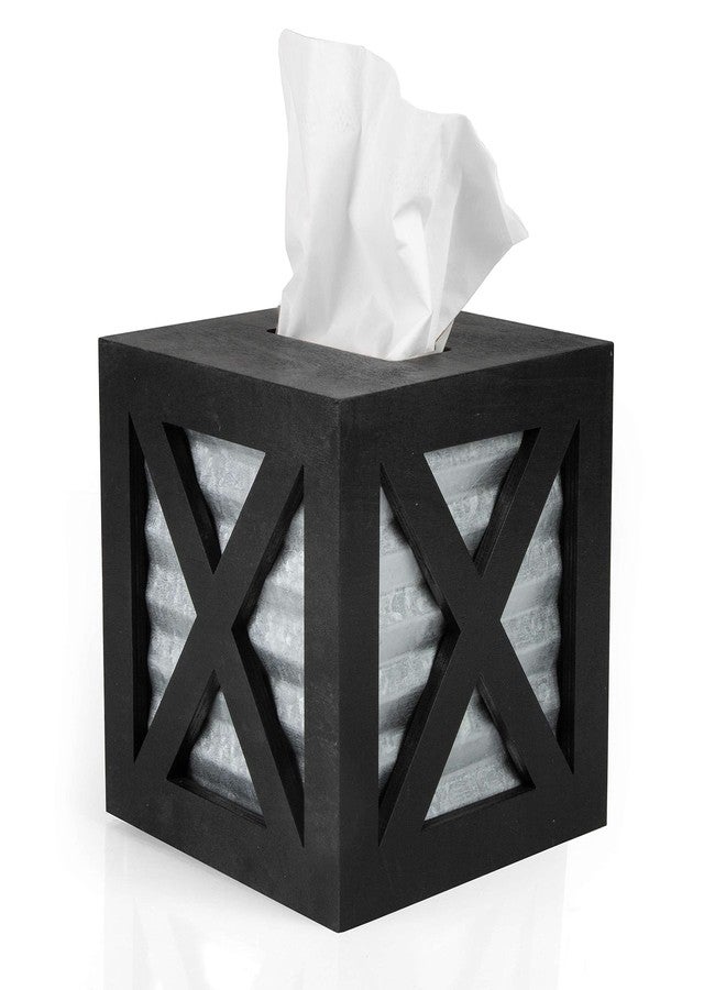 Crutello غطاء علبة مناديل كروتيلو خشبي على شكل حرف X مع دعامة جانبية مجلفنة - حامل مناديل خشبي أسود ريفي - Image 1